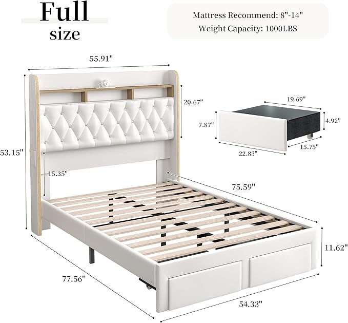 Full LED Bed Frame with 2 Storage Drawers, PU Upholstered Platform Beds with Galaxy Star Projector Charging Station Speaker, Aurora Bedframe with 2-Tier Storage Headboard, Noise-Free, White