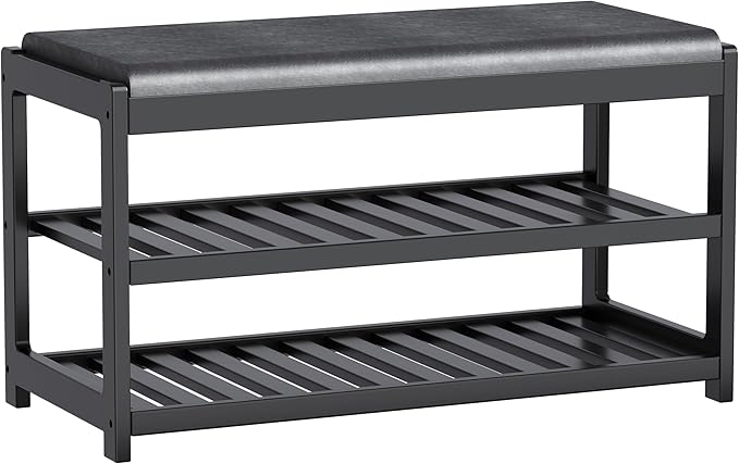 Shoe Bench Entryway, 100% Solid Solid Wood Shoe Rack Bench with Storage and Cushion Padded Seat, 3-Tier Shoe Organizer for Hallway Living Room, Mudrooms, Black