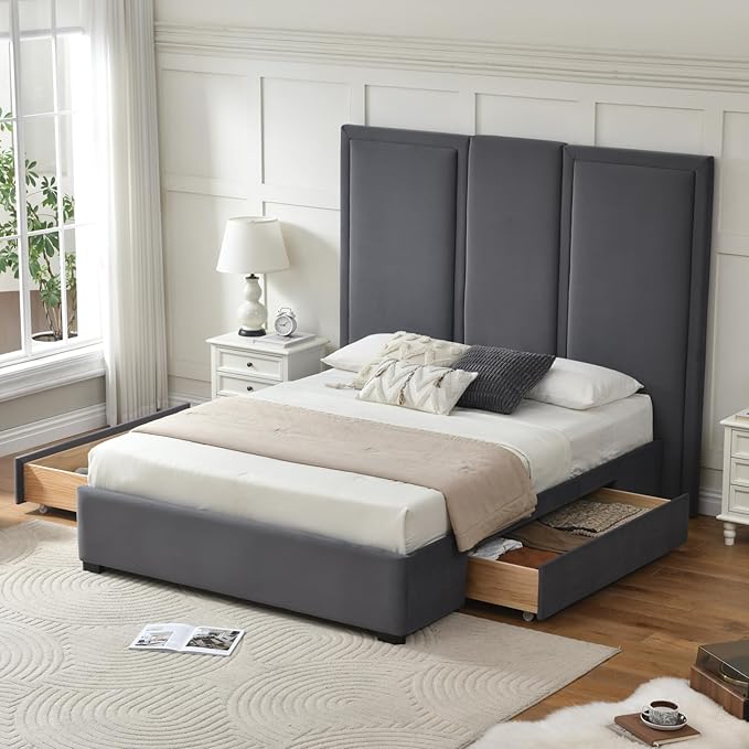 YUHUASHI Queen Size Bed Frame with 64-inch High Headboard, Simple and Airy Linen Upholstered Platform Bed with Storage Drawers, Wood Slat, No Noise (Grey, Queen (U.S. Standard))