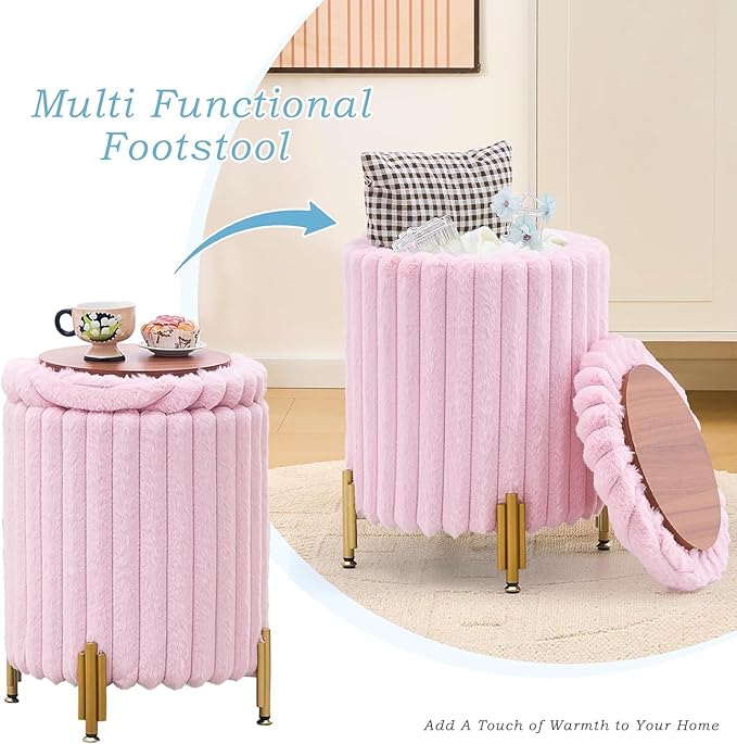 Mxfurhawa Round Ottoman Foot Stool with Storage and Metal Legs for Living Room Bedroom, Velvet Upholstered Footrest Stool Support 300lbs Modern Padded Seat Ottoman Coffee Table (Pink)