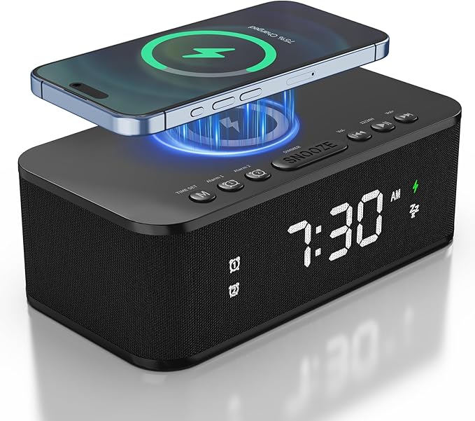 Digital Alarm Clock White Noise, Loud Digital Alarm Clocks Bedrooms, Alarm Clock Speaker Wireless Charger AUX USB Bluetooth Speaker 12/24H Dual Alarm Snooze Adjustable Brightness, Black