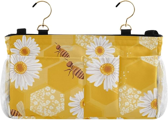 Bedside Caddy Hanging Bunk Bed Caddy Bed Organizer Hanging Pocket with 2 Hooks Bedside Storage Organizer Pocket Bag Holder Yellow Honeycomb Bee Daisy