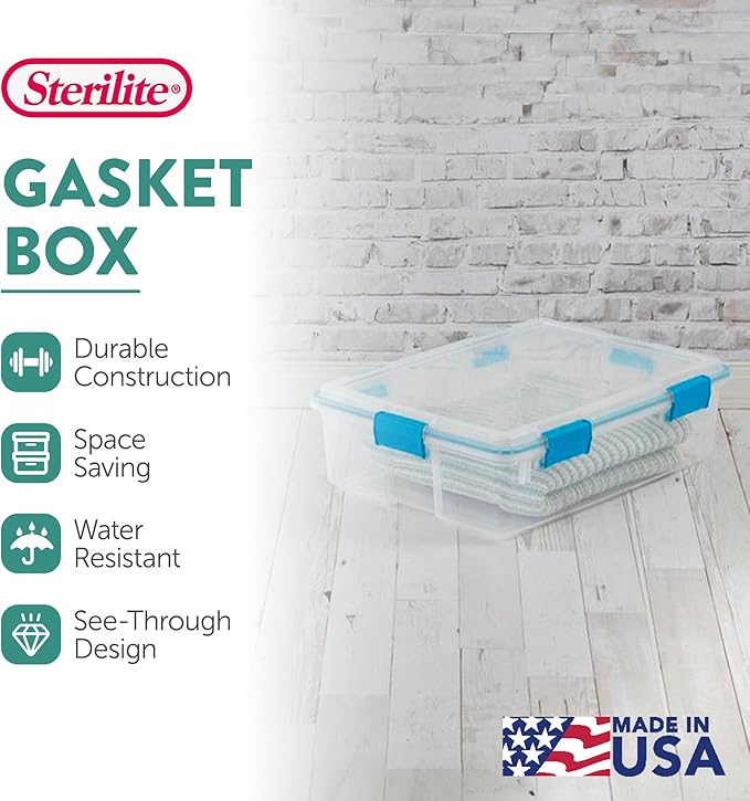 Sterilite 12-Pack Gasket Box, Weather-Resistant Storage Bins with Latching Lids, 37 Quart - Heavy-Duty Organizing Containers for Closet, Bathroom, and Office