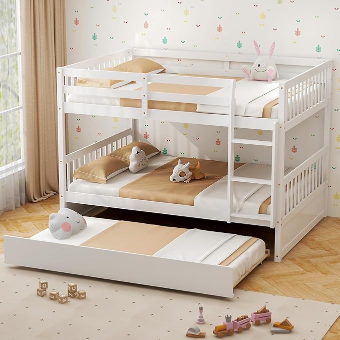 KOMFOTT Wood Full Over Full Bunk Bed with Trundle, Full Bed Frame with Ladder, Solid Wood Frame & Safety Guardrails, Space-Saving Bunk Bed for Teens & Adults, No Box Spring Needed
