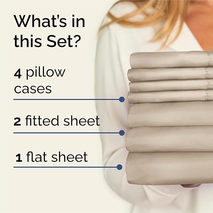 Split King 7 Piece Sheet Set - Cooling & Breathable - Hotel Luxury Bedding - Includes Fitted Sheets for Women, Men, Kids and Teens - 1 Flat, 2 Fitted Sheets, 4 Pillowcases with Deep Pockets - Wheat