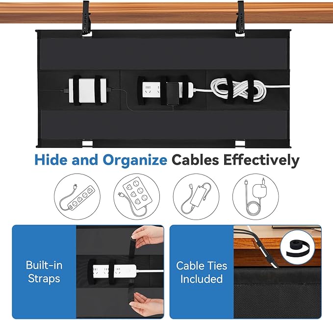 SHUWEI 36" Under Desk Cable Management Tray, Premium Fabric Cable Management for Desk, Clamp/Screw Mount Cable Tray for Office and Home (White, 36" L)