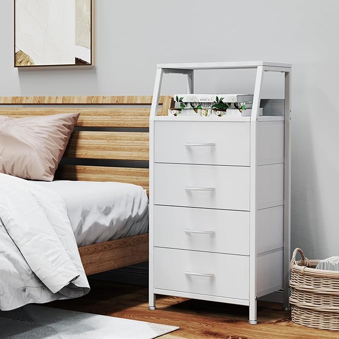 Dresser with 4 Drawers, Fabric Storage Tower for Bedroom, White Clothes Storage Drawers, Vertical Closet Organizer for Kids Room, Entryway, Nightstand Bedside Table, Sturdy Steel Frame & Wooden Top