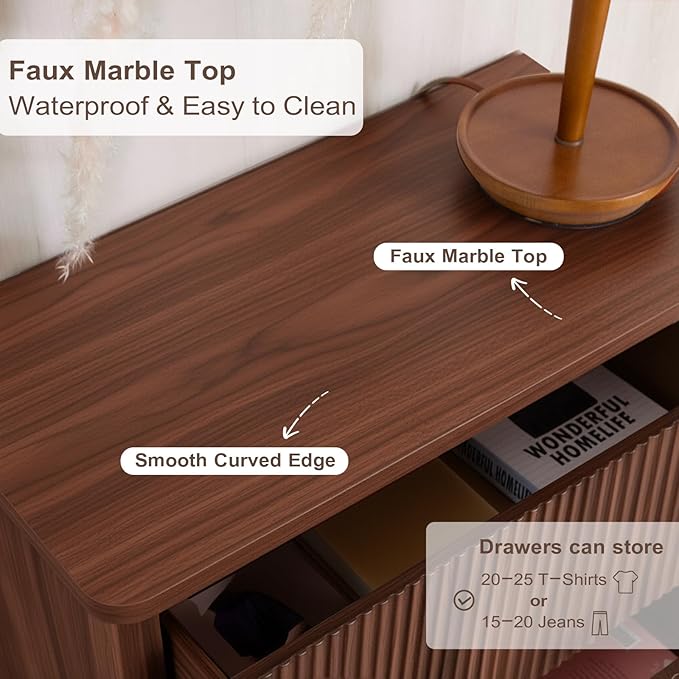 Fluted 5 Drawers Dresser for Bedroom, 47" Tall Handleless Chest of Drawers with Faux Marble Top, Curved Profile Design, Wood Drawer Organizerfor forLiving Room, Hallway, Entryway, Walnut