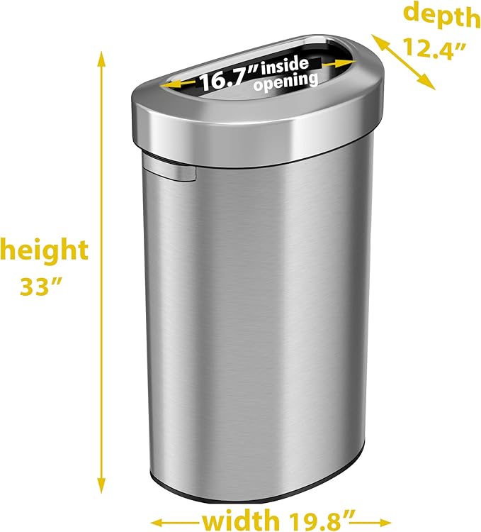 iTouchless 23 Gallon / 87 Liter Stainless Steel Trash Can and Recycle Bin, Slim and Space-Saving Design for Home, Office, Kitchen, Restaurant, Restroom, Large Capacity, Open Top, Semi Round