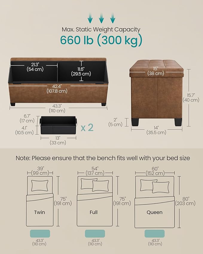 SONGMICS Storage Ottoman, Storage Bench with Legs, 15 x 43.3 x 15.7 Inches, Ottoman Bench, 30 Gal. (112 L), Synthetic Leather, for Living Room, Entryway, Coffee Brown ULSF0514K03