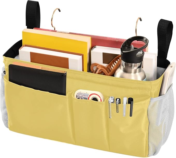 KOPIRIT Lemon Yellow Bedside Caddy Storage Bag Bedside Organizer for Dorm Room Top Bunk Bed Hanging Bag Bedside Shelf 6 Pockets with Hooks for Glasses Book Tablet Holder