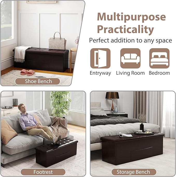 Giantex 43 Inches Folding Storage Ottoman Bench, Upholstered PU Leather Storage Chest with Side Pocket, Padded Seat, End of Bed Bench, Collapsible Ottoman Foot Rest for Living Room, Bedroom & Entryway