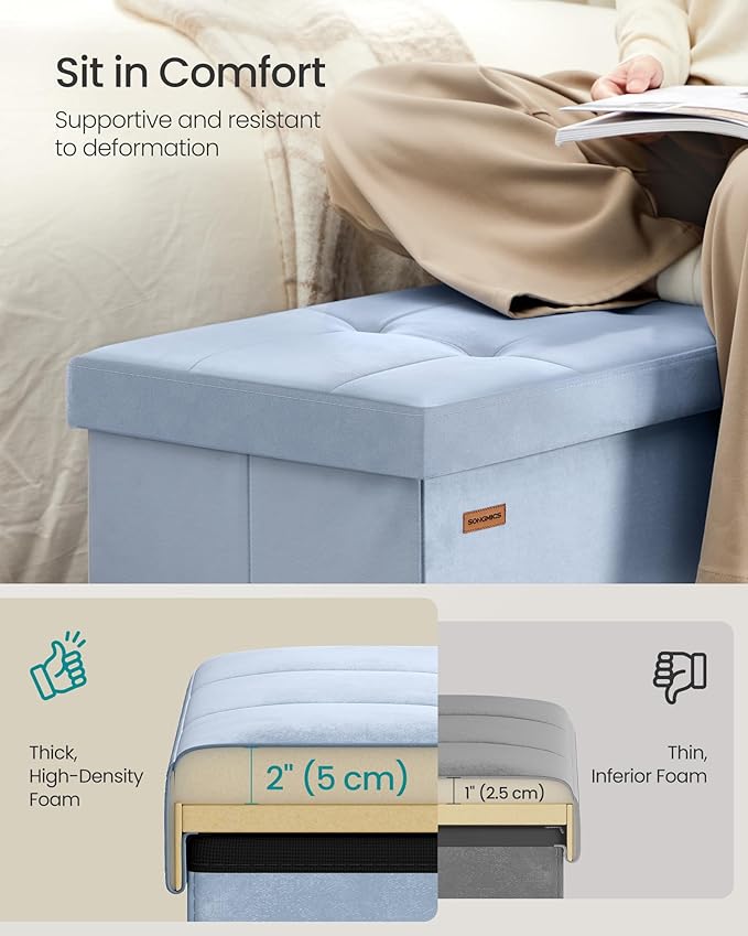 SONGMICS Mazie Collection - 43 Inches Storage Ottoman, Foldable Storage Bench with Flipping Lid, 660 lb Load Capacity, for Entryway, Living Room, Bedroom, Velvet Fabric, Pale Blue ULSF078QQ03