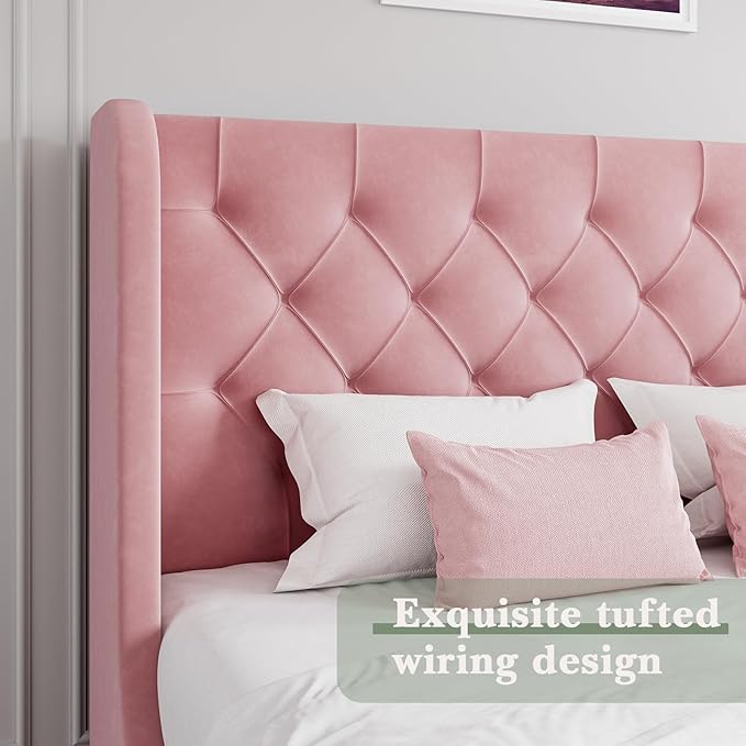 HOMBCK Pink King Size Bed Frame, Upholstered Platform Bed Frame with Velvet Tufted Headboard, Curved Wingback Design, Wooden Slats, No Box Spring, Noise Free, Easy Assembly