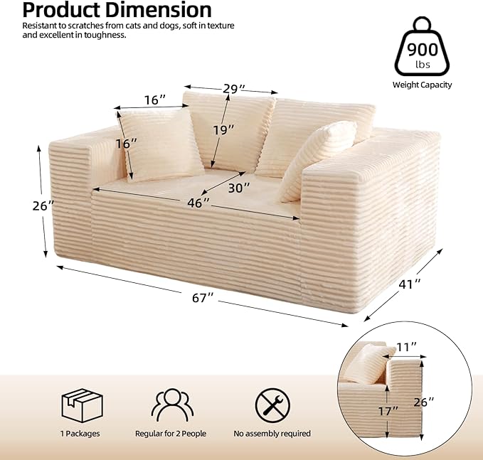 Boneless Cloud Couch Sofa, 2 Seater Deep Seat Modern Lounge Sleeper Couch, No Assemble, Corduroy Compression Upholstered Couches for Living Room, Bedroom, Apartment, Dorm, Office