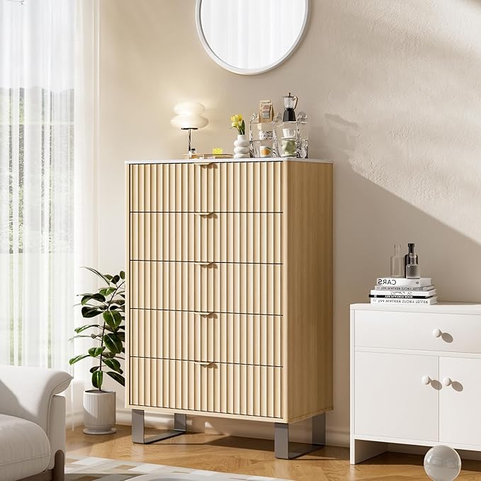 Fluted 5 Drawers Dresser, 48" H Modern Country Storage Dressers with Brushed Metal Handles, Wood Storage Organizers for Bedroom, Living Room, Hallway, Beige