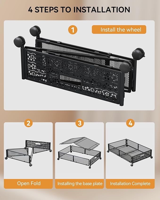 Under Bed Storage with Wheels, Foldable Pattern Carved Metal Under The Bed Storage, Tool-Free Assembly Under The bed Storage Bins, 60L Underbed Storage for Bedroom Clothes Shoes Toys-2 Pack