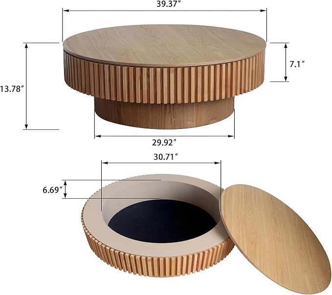 LKTART Round Coffee Table for Living Room, Accent Fluted Drum Coffee Table with Storage, Modern Solid Wood Veneered Circle Center Tea Table for Small Space Apartment (39.4''D×14''H-Natural)