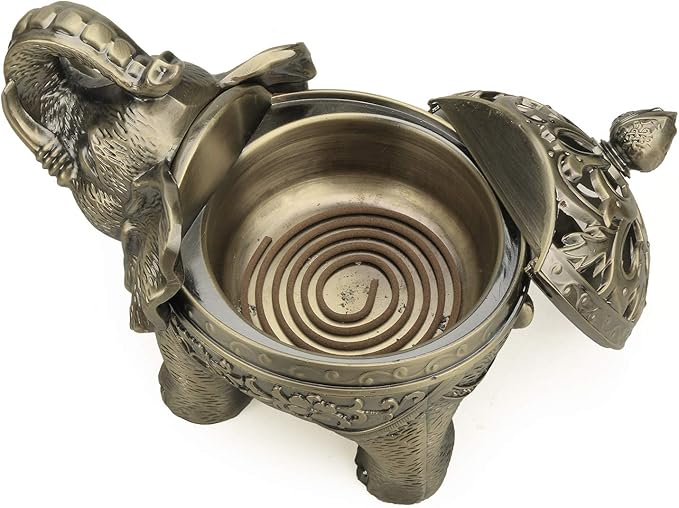 K COOL Metal Backflow Incense Holder Elephant Cone Coil Incense Burner Ash Catcher with Lid, Aromatherapy Ornament Home Office Decoration for Indoor Outdoor (Bronze)