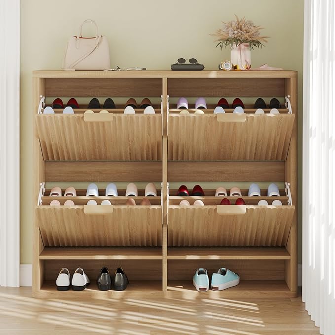 Fluted Shoe Cabinet Storage with 4 Flip Drawers, Narrow Shoe Storage Organizer for Entryway, Hidden Slim Wooden Shoe Rack Cabinet for Front Door Entrance, Hallway, Living Room (4-Drawer, Oak)