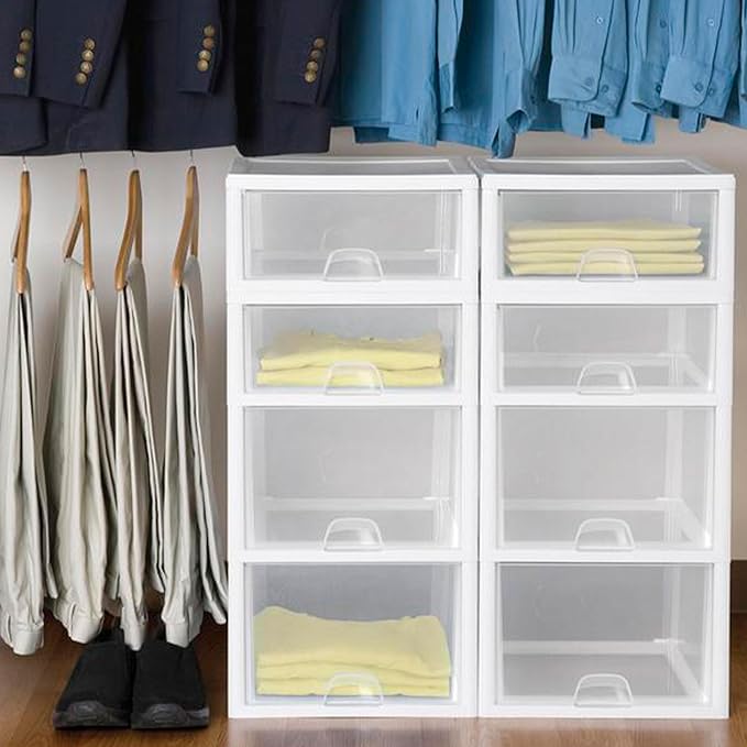 Sterilite 27 Qt (4 Pack) and 16 Qt (6 Pack) Clear Plastic Stackable Organizer Drawers, White