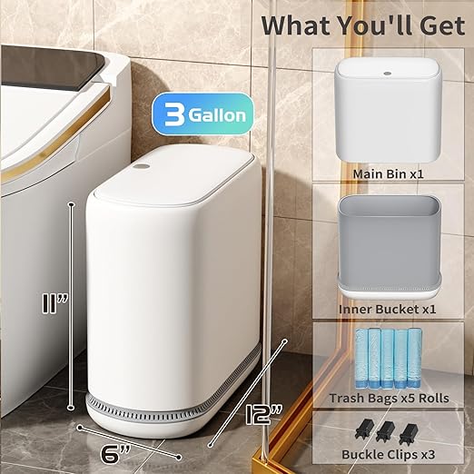 Small Bathroom Trash Can with Lid, 3 Gallon Slim Garbage Bin with Pop-Up Lid & Air-Pressure Bag Lock, Mini Waste Basket for Bathroom, Bedroom, Kitchen, Office, Rv, White - Includes 75 Bags (5 Rolls)