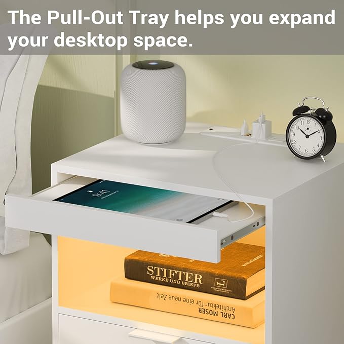Tiptiper White Nightstand Set of 2, LED Nightstand with Wireless Charging Station, Night Stand with Drawers & Pull-Out Shelf, Modern Bedside Table with Storage, End Table Side Table