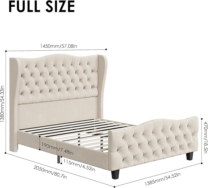 Keyluv Full Size 54.3” Tall Platform Bed Frame with Deep Button Tufted Wingback Headboard and Footboard, Velvet Upholstered Bed Frame with Handmade Pleats, No Box Spring Needed, Beige/Cream