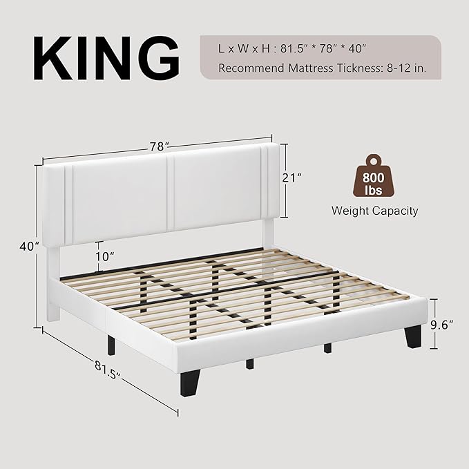 Upholstered King Size Bed Frame with Linen Fabric Headboard, Strong Wooden Slats Support, Noise Free, No Box Spring Needed, White