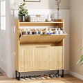 VINGLI Fluted Shoe Cabinet Storage for Entryway,Hidden Shoes Storage Cabinet with 2 Flip Drawers, Mid Century Modern Shoe Rack Organizer,Free Standing Shoes Organizer for Hallway(Natural Oak)