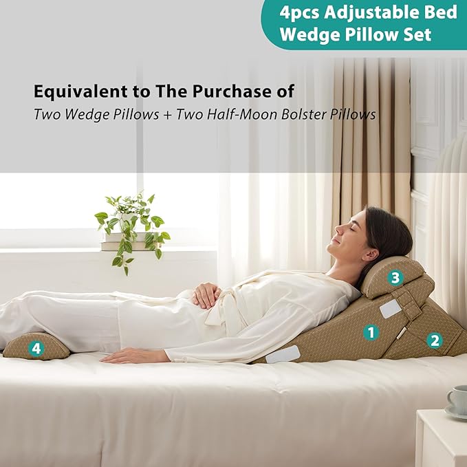 Bedluxe Adjustable 4pcs Bed Wedge Pillow Set, Memory Foam Wedges Pillow Post Surgery for Back, Neck, Leg Pain Relief, Pillows Wedge for Sleeping, Sitting up in Bed, Acid Reflux and GERD, Brown