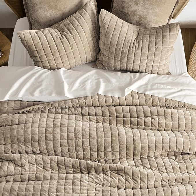 RECYCO Luxury Velvet Quilt Set Full Queen Size Bedding Sets, Ultra Soft Velvet Comforter Set, Lightweight Channel Box Stitch Oversized Bedspread Coverlet for All Season, with 2 Shams, Urban Taupe