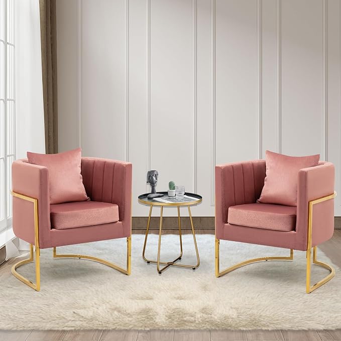 Velvet Modern Accent Chairs Set of 2, Upholstered Barrel Armchair Mid Century with Pillow for Living Room, Comfy Single Vanity Chair with Metal Gold Legs for Bedroom, Pink