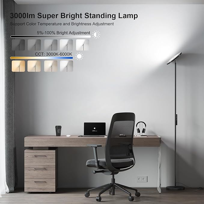 SUNMORY Floor Lamps for Living Room, 32W/3000LM Super Bright LED Floor Lamp with Remote Control, 69" Tall Standing Lamp with Stepless Dimmable, Modern Torchiere Corner Lamp for Bedroom, Office