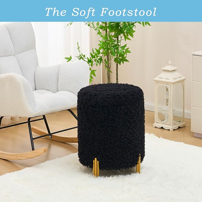 Mxfurhawa Round Ottoman Foot Stool with Storage and Metal Legs for Living Room Bedroom, Velvet Upholstered Footrest Stool Support 300lbs Modern Padded Seat Ottoman Coffee Table (Black-Long Wool)