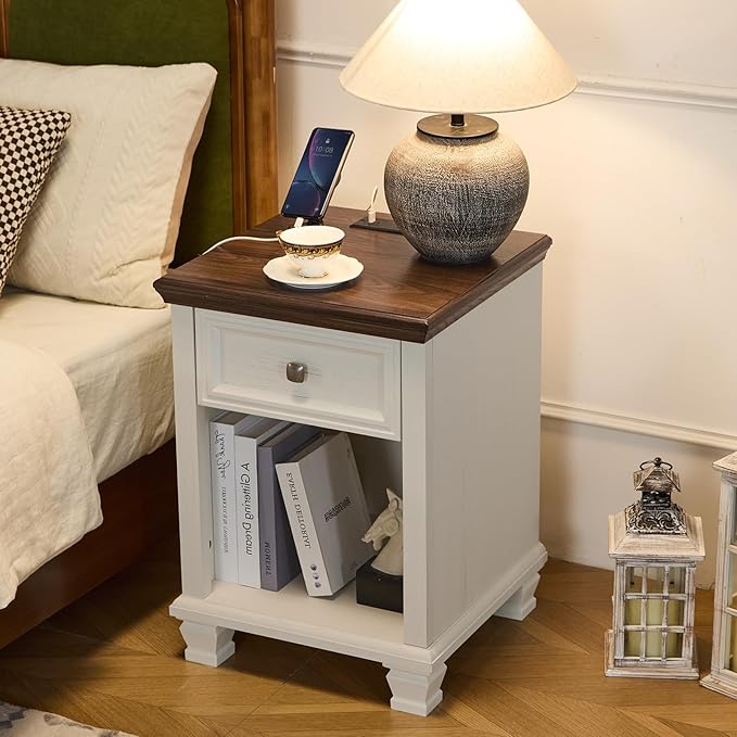 SAVOR LIFE Farmhouse End Tables Living Room with Drawer, Rustic Wood Nightstand with Charging Station, Bedside Table with Open Shelf for Bed Room, Living Room, White