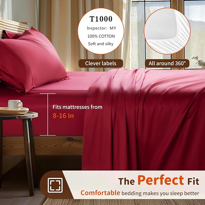 LBRO2M 1000 Thread Count 100% Egyptian Cotton Sheets Set Twin XL, 3 Piece Sets Bed Sheet Deep Pocket Sheet Set 16" Soft Comfortable All Season (Twin XL, Burgundy)