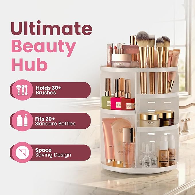 Masirs 360 Rotating Makeup Organizer - Adjustable Shelf Height and Fully Rotatable. The Perfect Cosmetic Organizer for Bedroom Dresser or Vanity Countertop. (White)