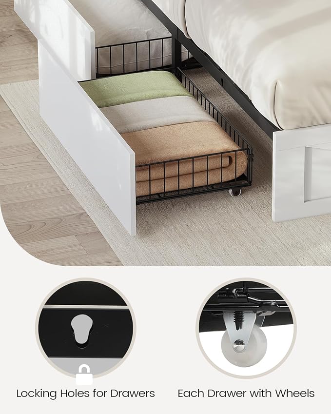 AOGLLATI Farmhouse King Bed Frame Bed Frame with 4 Storage Drawers and Led Lights, Wooden King Bed with Hidden Space Bookcase Headboard and Led Lights, White