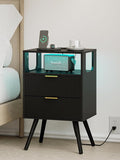 Nightstand with Charging Station and LED Lights, Modern Bedside Table with 2 Storage Drawer and Open Wood Shelf for Bedroom and Small Spaces, Night Stand with Solid Wood Legs