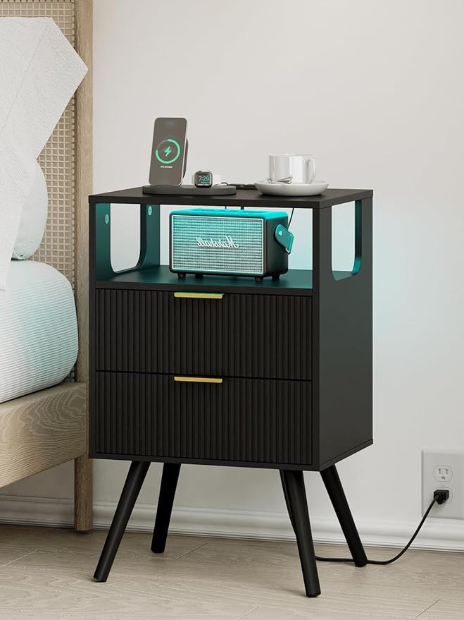 Nightstand with Charging Station and LED Lights, Modern Bedside Table with 2 Storage Drawer and Open Wood Shelf for Bedroom and Small Spaces, Night Stand with Solid Wood Legs