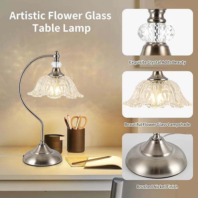 Brushed Nickel Table Lamp with a Floral Clear Glass Shade, A Plug-in Nightstand Lamp in Brushed Nickel Finish for Bedroom, Living Room,Office, and Desk