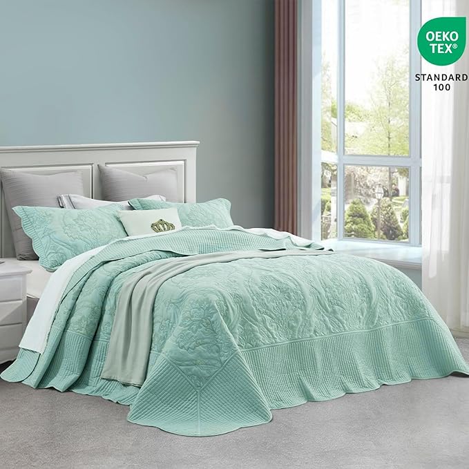 CHIXIN Oversized King Bedspread 128x120 Extra Wide - Lightweight Bedding Cover - Beautiful Stitching - 5 Piece Reversible Bedspread - Gorgeous Damask Paisley Pattern (King/Cal King, Seaglass)