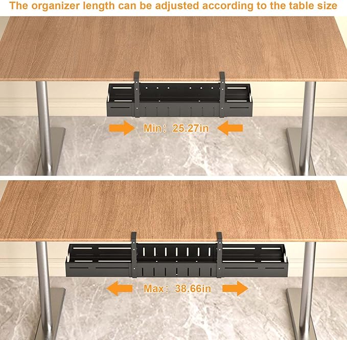 REALINN Under Desk Cable Management Tray Black, Expandable 25.27"-38.66" Sturdy Steel Desk Cord Hider Raceway for Office/Home