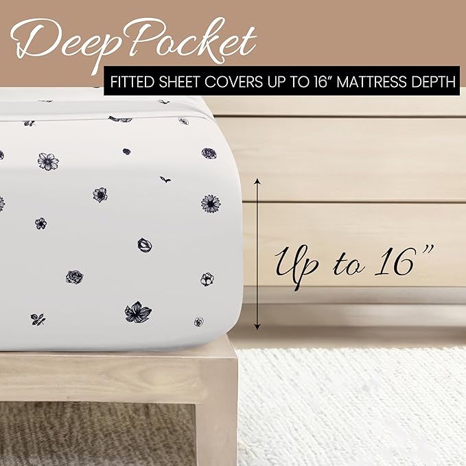 Linen Market Patterned Microfiber Full Sheet Set 4 Piece – Oeko-TEX Certified Ultra Soft & Wrinkle-Free - 16" Deep Pocket Sheets - Easy Care Full Size - Indigo Flowers Navy
