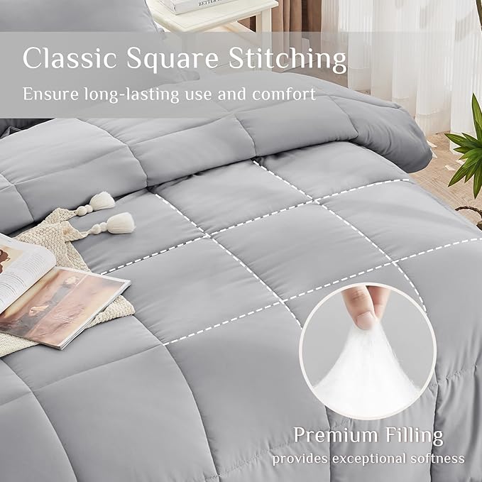 JOLLYVOGUE King Comforter Set, Ultra-Soft Bed in a Bag King Size 7 Pieces, Oeko-TEX Certified Bedding Set with Down Alternative Comforter, Sheets, Pillowcases & Shams, Light Grey