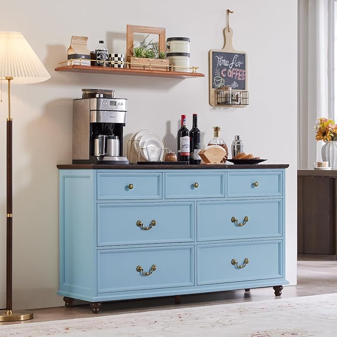24" Wide Farmhouse Nightstand Set of 2, 54" 7 Drawers Dresser, 45" Tall Rustic Chests of 5 Drawers w/ 4 Solid Wood Feet, Farmhouse Furniture Series for Living Room,Bedroom,LightBlue