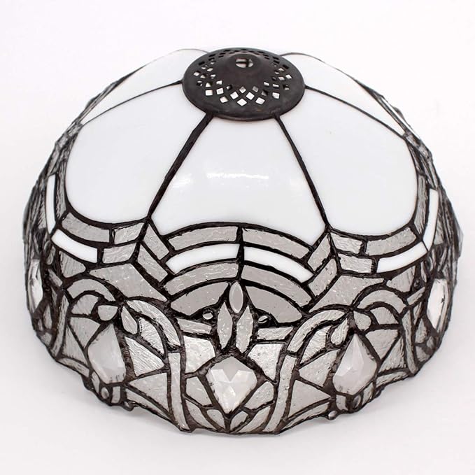 WERFACTORY Tiffany Lamp White Bent Stained Glass Bedside Table Lamp Desk Reading Light 12X12X18 Inches Decor Bedroom Living Room Home Office S508W Series