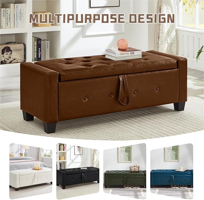 48” Storage Ottoman Bench, Upholstered Button-Tufted End of Bed Bench with Soft-Close Hinge & Solid Wood Legs, Foot Rest for Living Room, Bedroom, Hallway (Faux Leather, Brown)