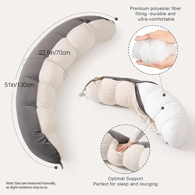 Peallow(Pat. Pend) – Long Round Body Pillow for Adults, Bolster Pillow for Sleeping, Soft and Supportive Pillow for Sleeping & Lumbar Support (Gray-White, 39")